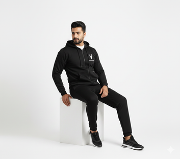 Markhor Black Printed Winter Tracksuit for Men & Boys | Zipped Hoodie with Trousers
