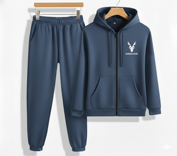 MarMarkhor Navy Blue Printed Winter Tracksuit for Men & Boys | Zipped Hooded Hoodie with Trousers
